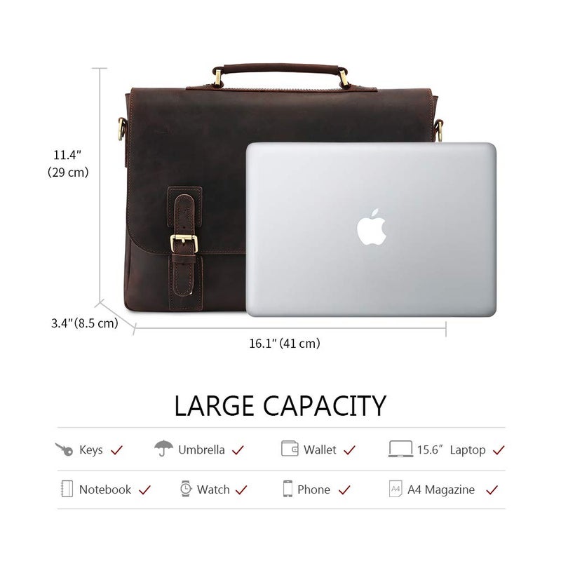 Kattee Men's Leather Satchel Briefcase, 15.6" Laptop Messenger Shoulder Bag Tote - Image 3